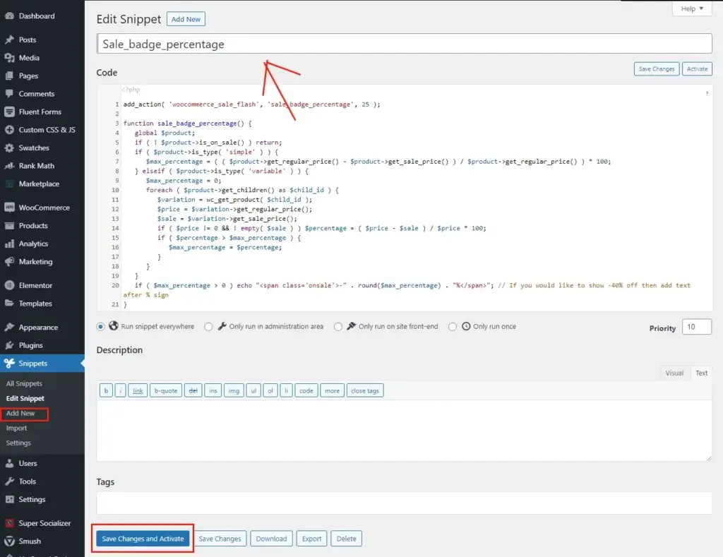 add PHP code to the Code Snippets plugin